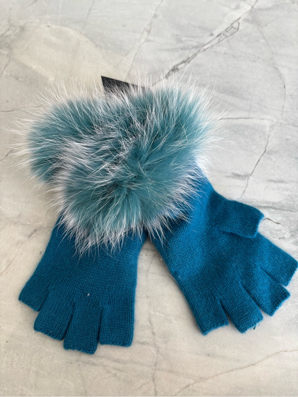 Sofia Cashmere Teal Fingerless Gloves with Teal & White Fox Fur Pom